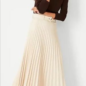 Ann Taylor Pleated Belted Midi Skirt ecru